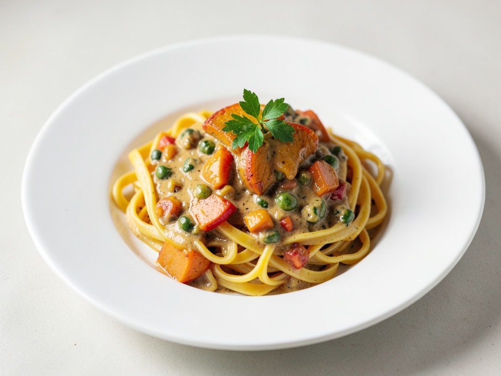 Nudeln mit cremigem Kürbis-Paprika-Gemüse