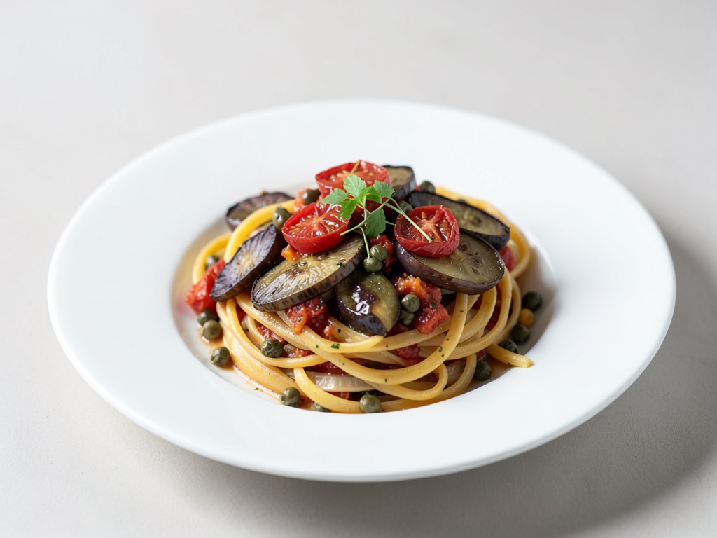 Nudeln mit getrockneten Tomaten, Auberginen und Kapern
