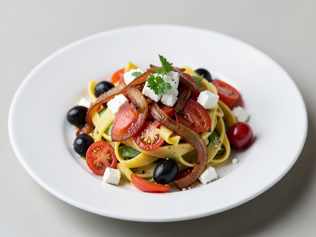 Nudelsalat mit karamellisierten Zwiebeln, Tomaten, Oliven und Feta