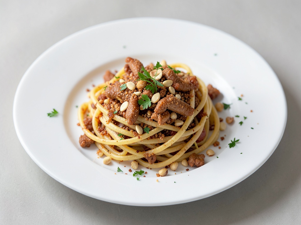 Knusprige Pasta mit Grieben und Nüssen