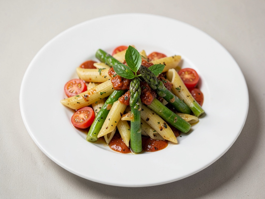 Penne mit grünem Spargel und Tomaten