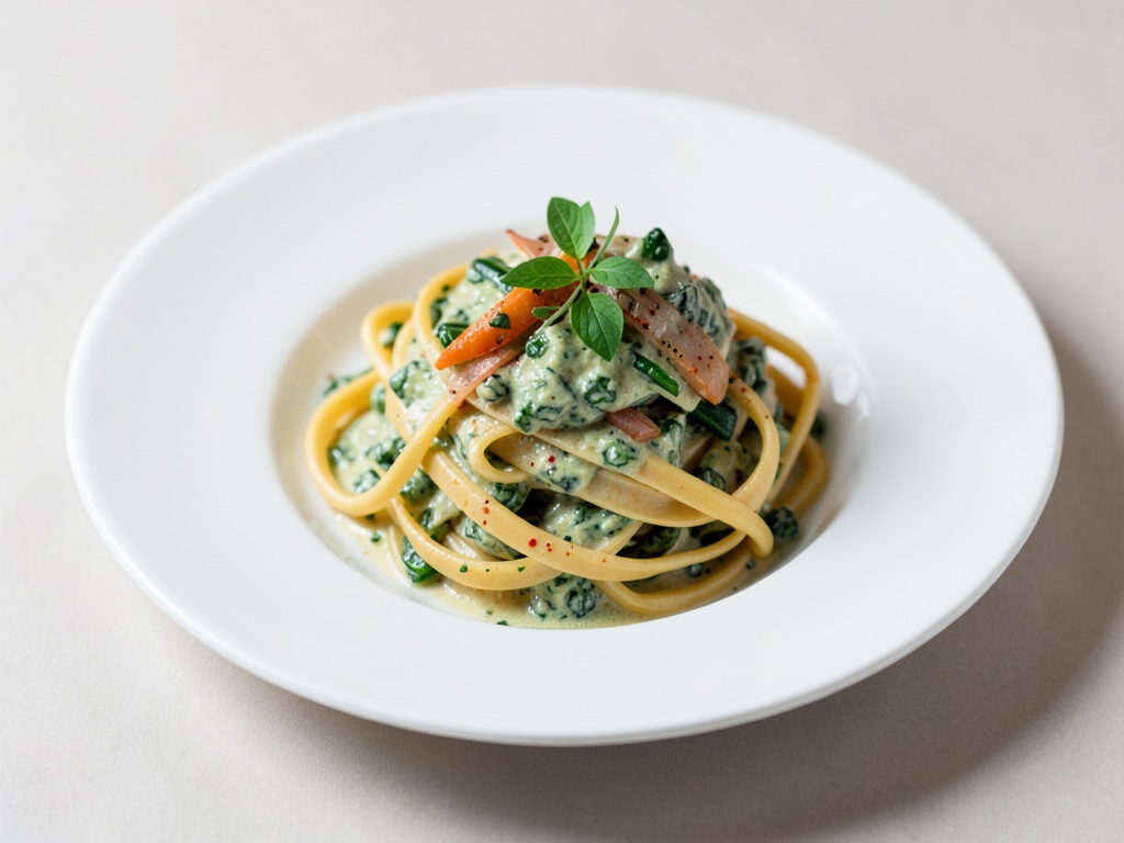 Nudeln mit cremiger grüner Gemüsepfanne