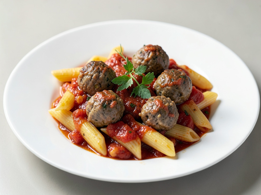 Kalbshackbällchen auf Penne mit Tomatensoße