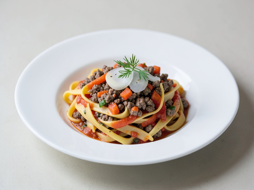 Nudeln mit Hackfleisch-Möhren-Sauce und Zwiebeln