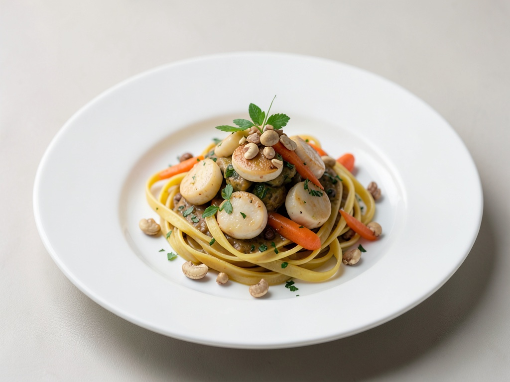 Nudeln mit Jakobsmuscheln, Mini-Karotten und Macadamia