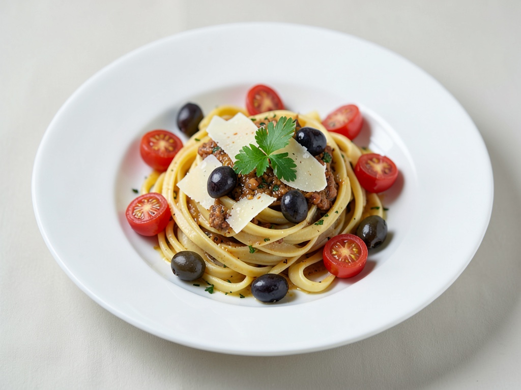Nudeln mit Kirschtomaten, Oliven und Parmesan
