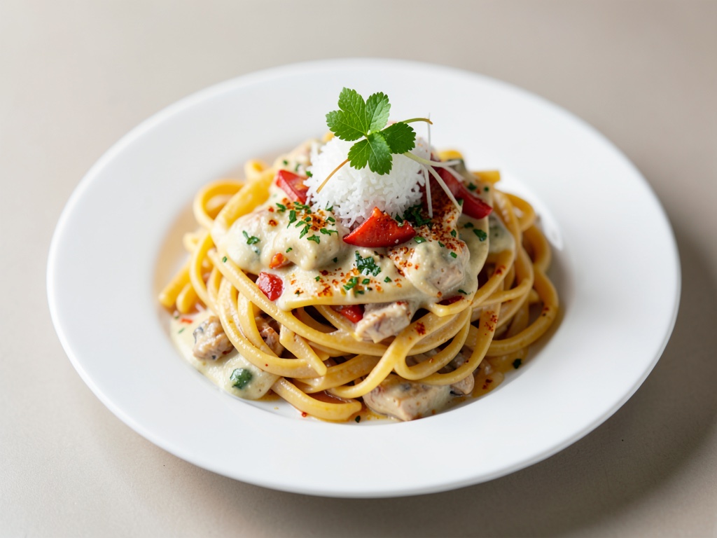 Cremige Hähnchen-Pasta mit Kokos und Chili