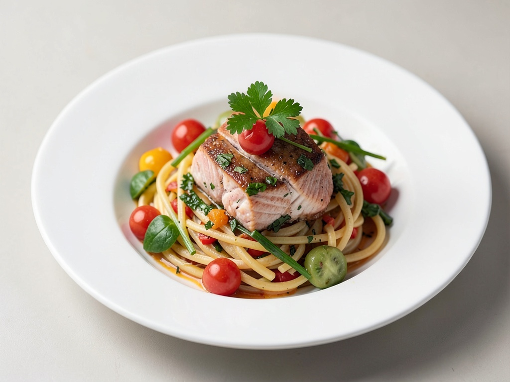 Lachs-Pasta mit buntem Gemüse