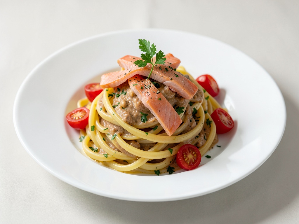 Nudeln mit Lachsstreifen und Tomaten