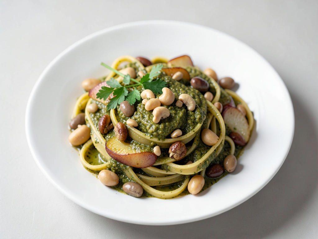 Pasta mit geröstetem Nuss-Pesto, Birnen und Bohnen
