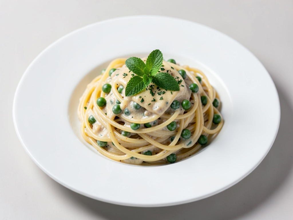 Cremige Spaghetti mit Erbsen und Minze