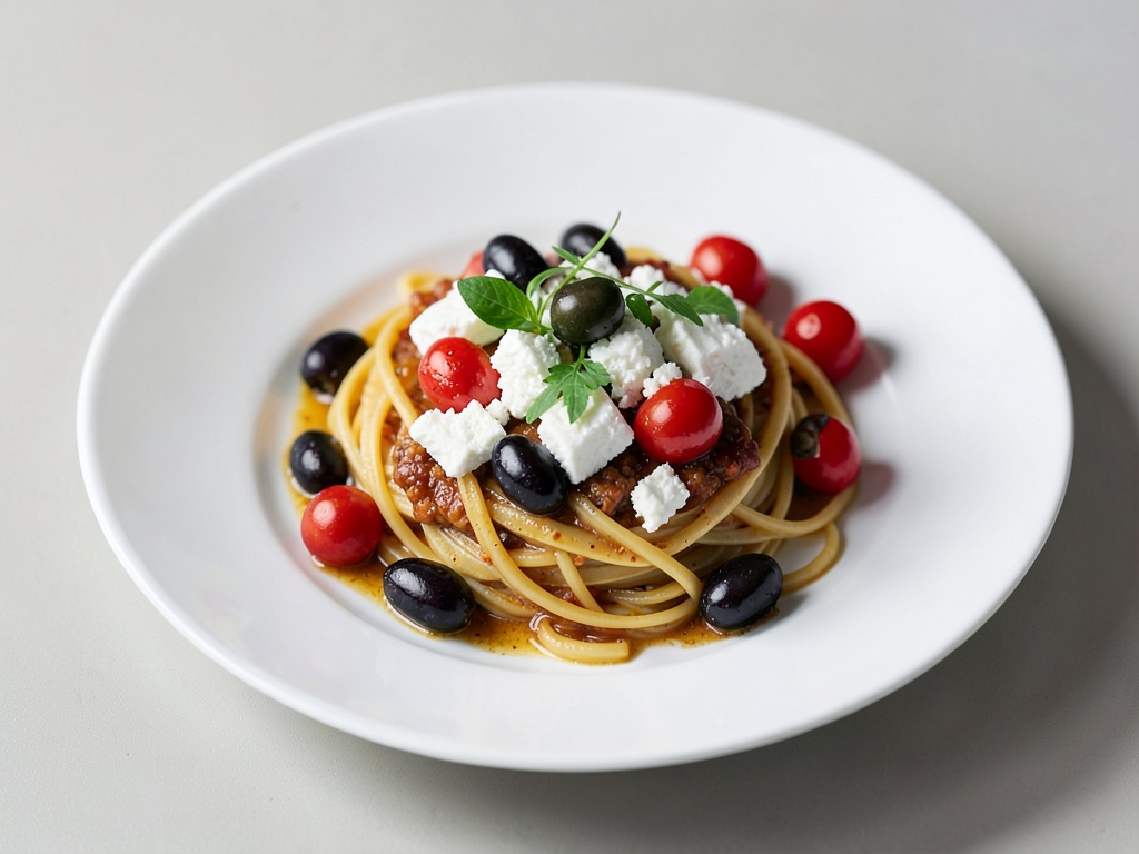 Nudeln mit Oliven, Feta und Kirschtomaten