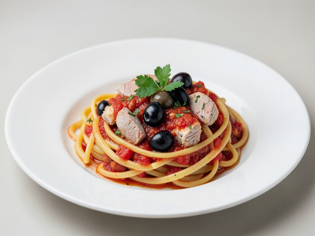 Nudeln mit Thunfisch, Oliven und Tomatensoße