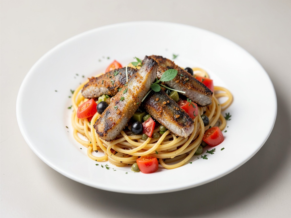 Knusprige Sardellen auf Spaghettini mit Tomaten-Oliven-Mix