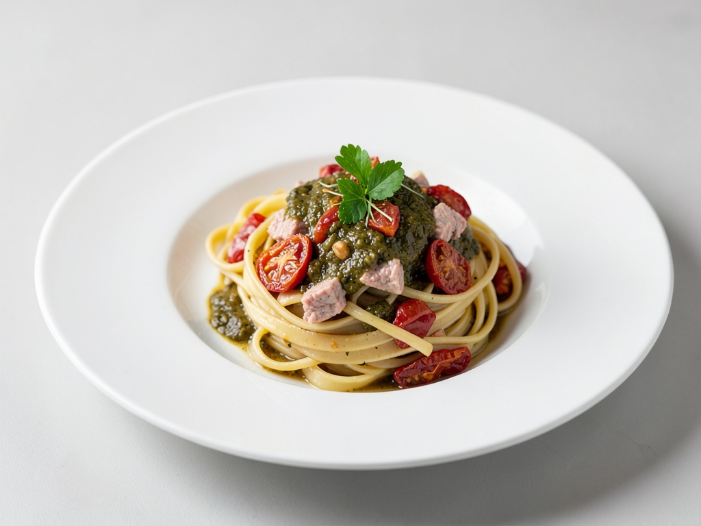 Nudeln mit Thunfisch, getrockneten Tomaten und Olivensoße
