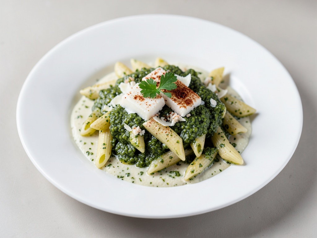 Cremige Penne mit grünem Pesto und geräuchertem Käse
