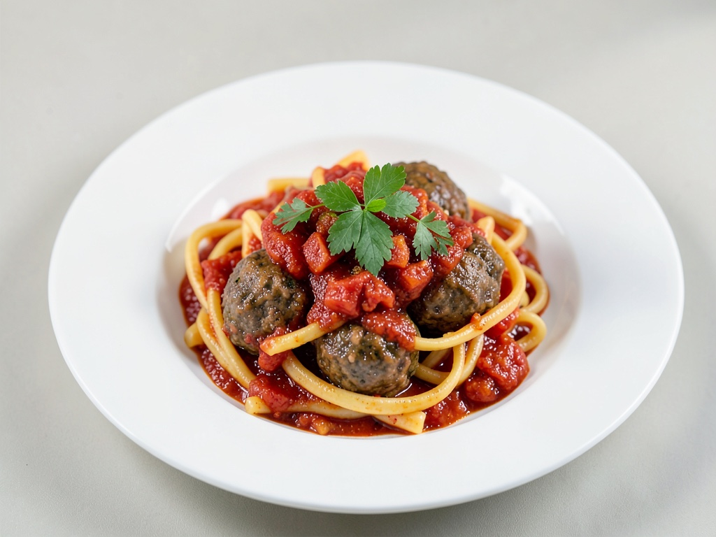 Putenbällchen-Pasta in würziger Tomatensoße