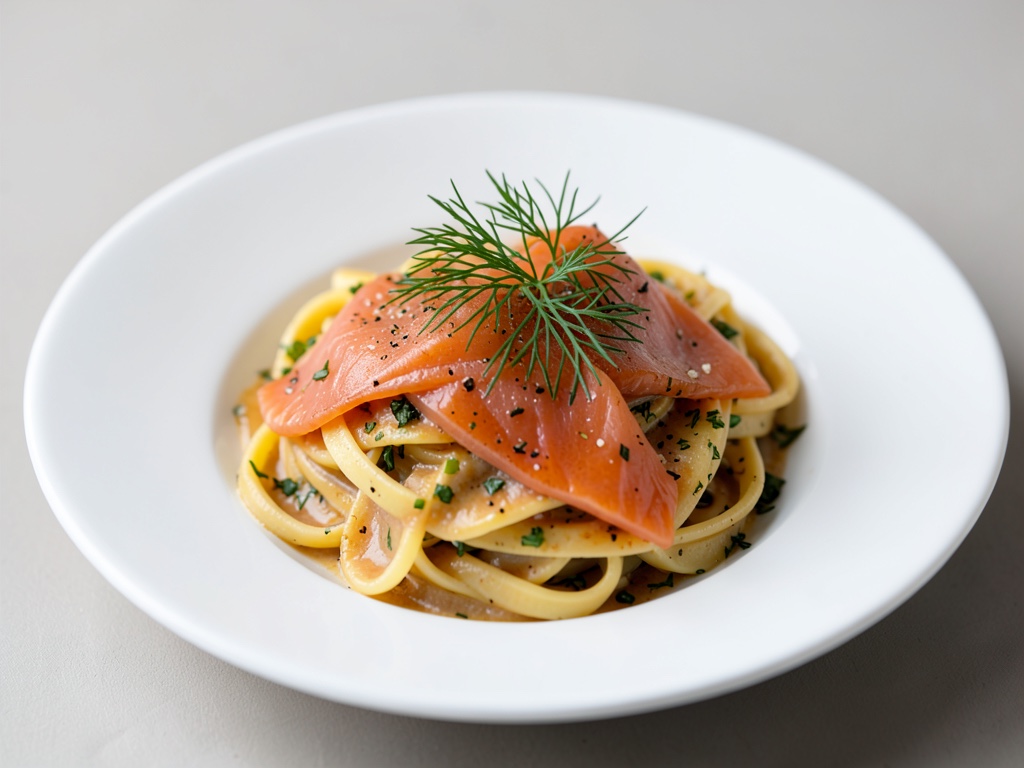 Nudeln mit Räucherlachs und frischem Dill
