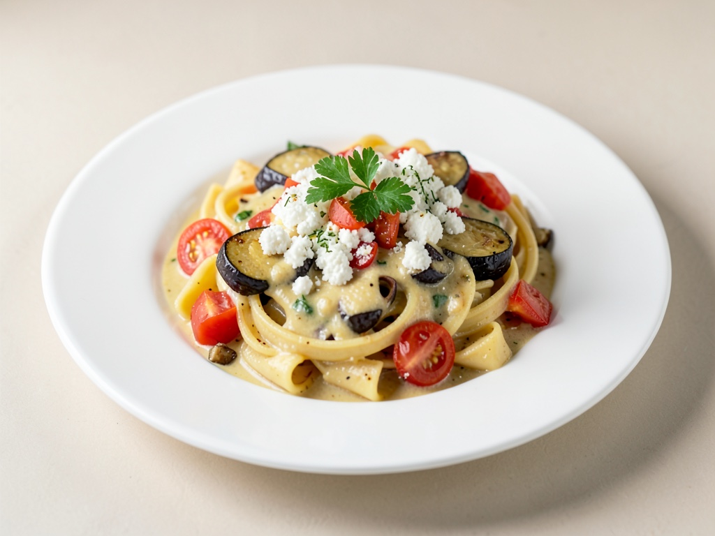 Cremige Pasta mit Auberginen, Tomaten und Ricotta