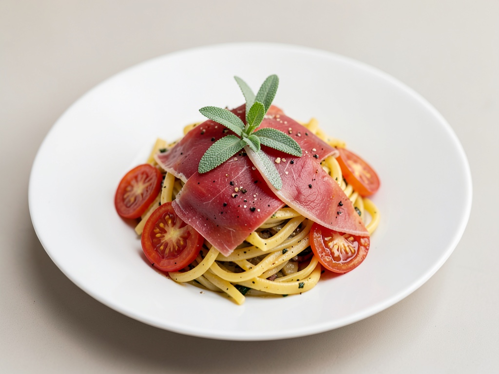 Nudeln mit hauchdünnem Rindfleisch, Tomaten und Salbei