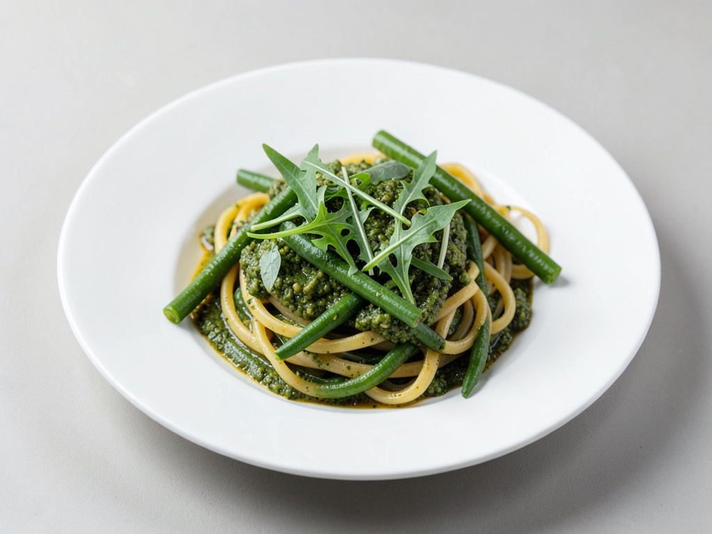 Nudeln mit frischem Rucola-Pesto und Bohnen