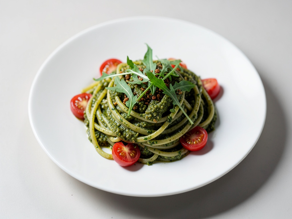 Linguine con pesto di rucola e pomodori