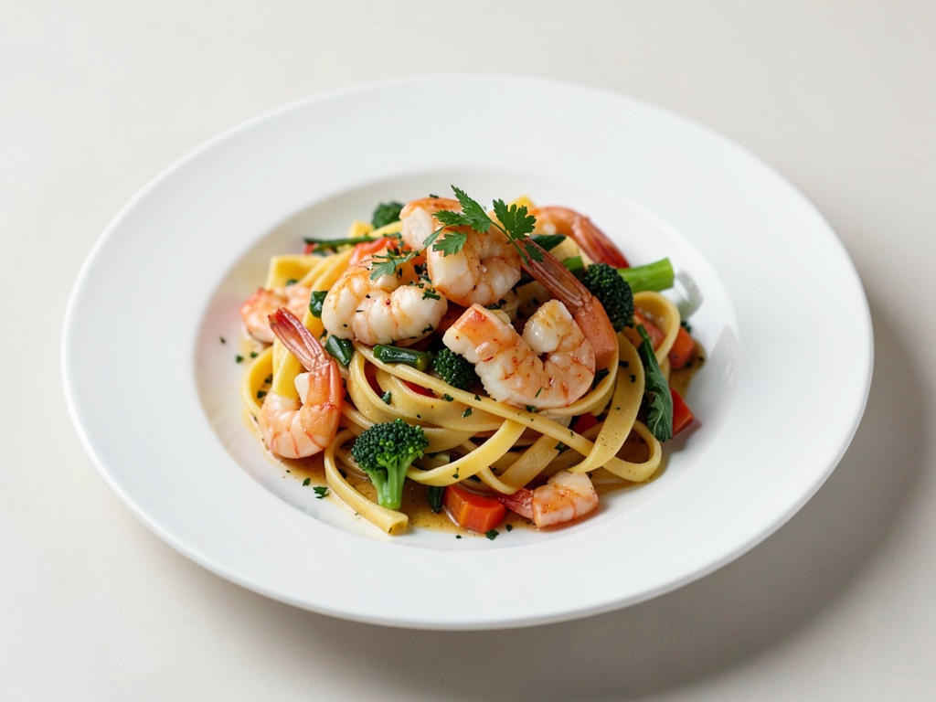 Tagliatelle mit Garnelen und buntem Gemüse