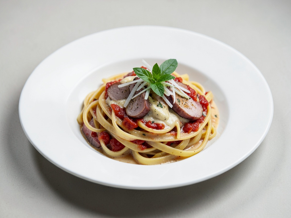 Nudeln mit Schinken und Lauchzwiebeln in Tomaten-Sahne-Soße