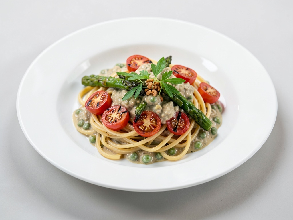 Linguine mit gegrillten Tomaten, Spargel und cremiger Erbsen-Sahne-Soße