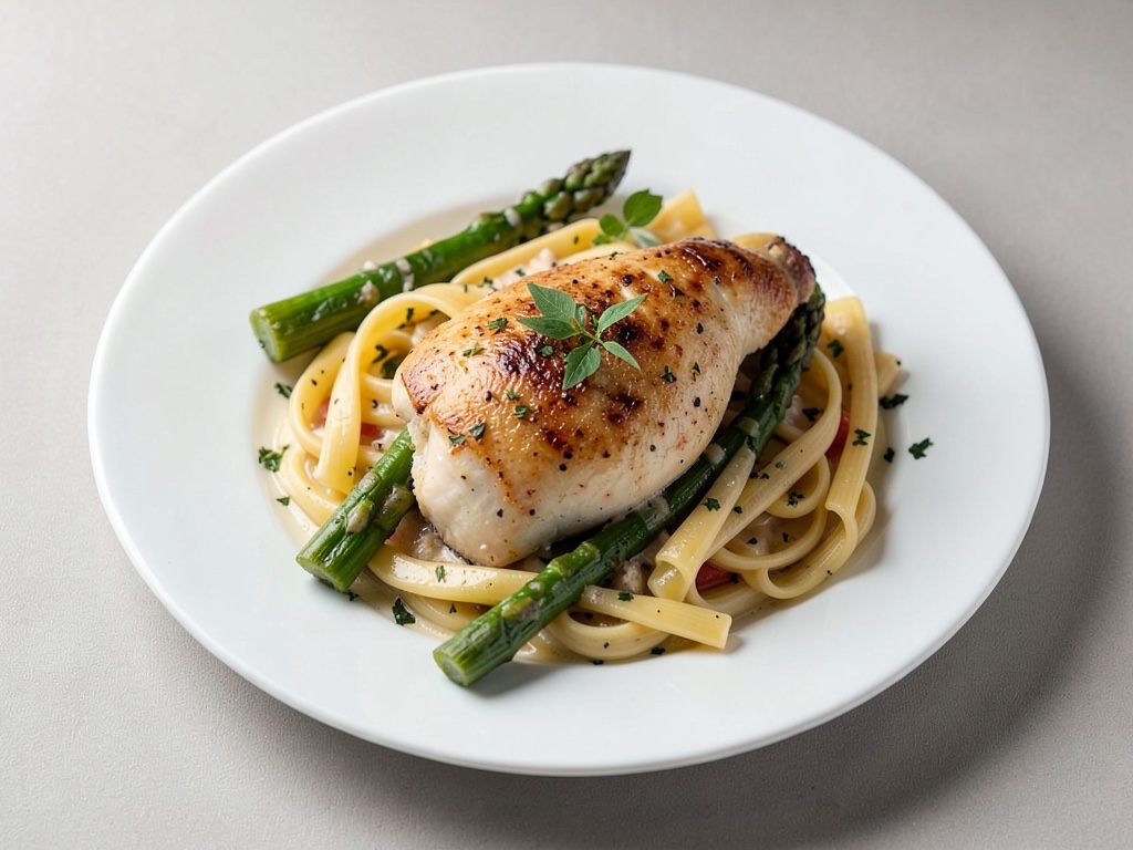 Hähnchen mit Spargel und Nudeln