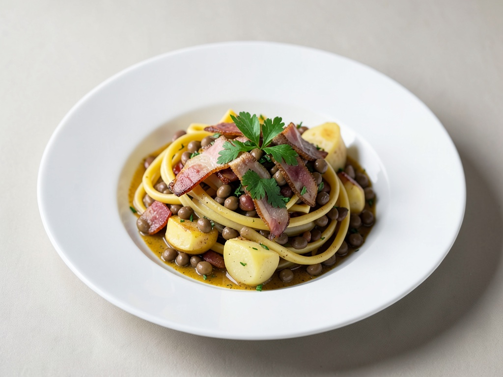Kreative Pasta mit Speck, Bohnen und Kartoffeln