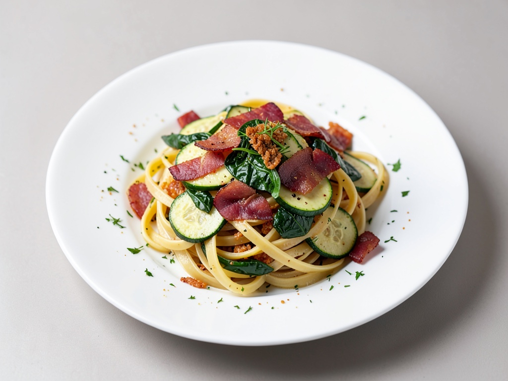 Bandnudeln mit Zucchini, Spinat und knuspriger Pancetta