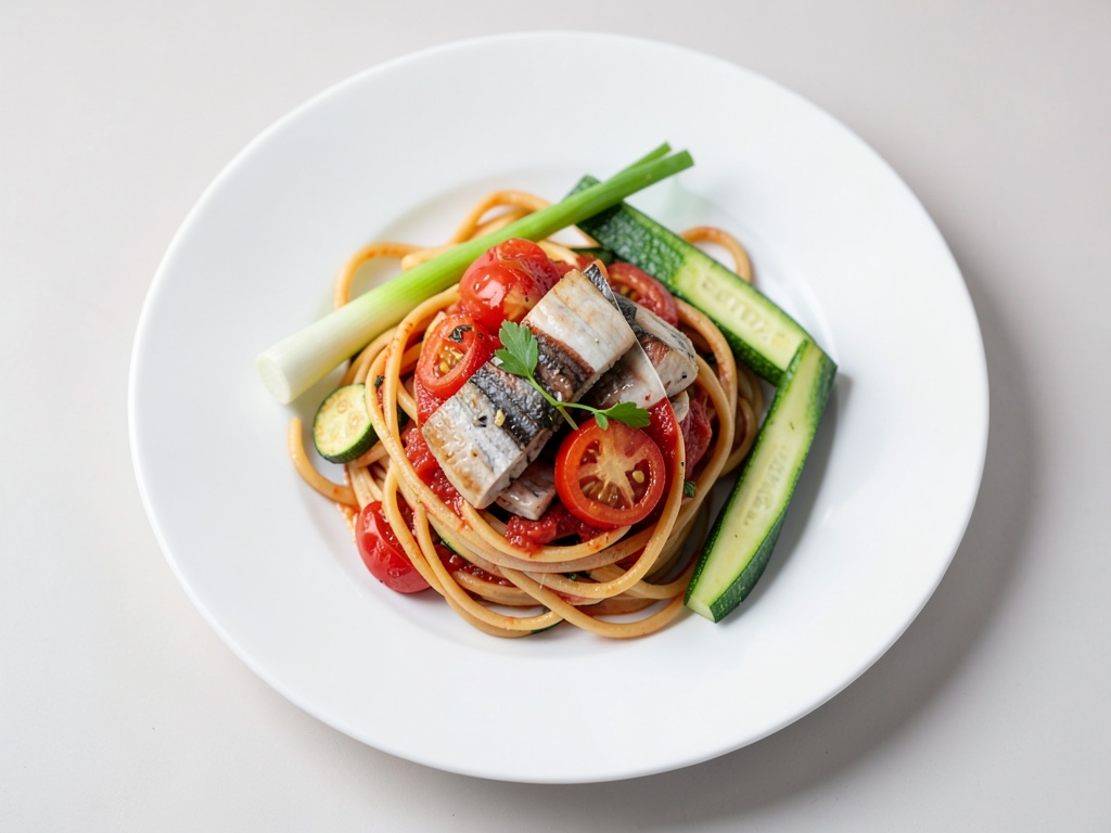 Tintenfisch-Pasta mit Zucchini und Peperoni