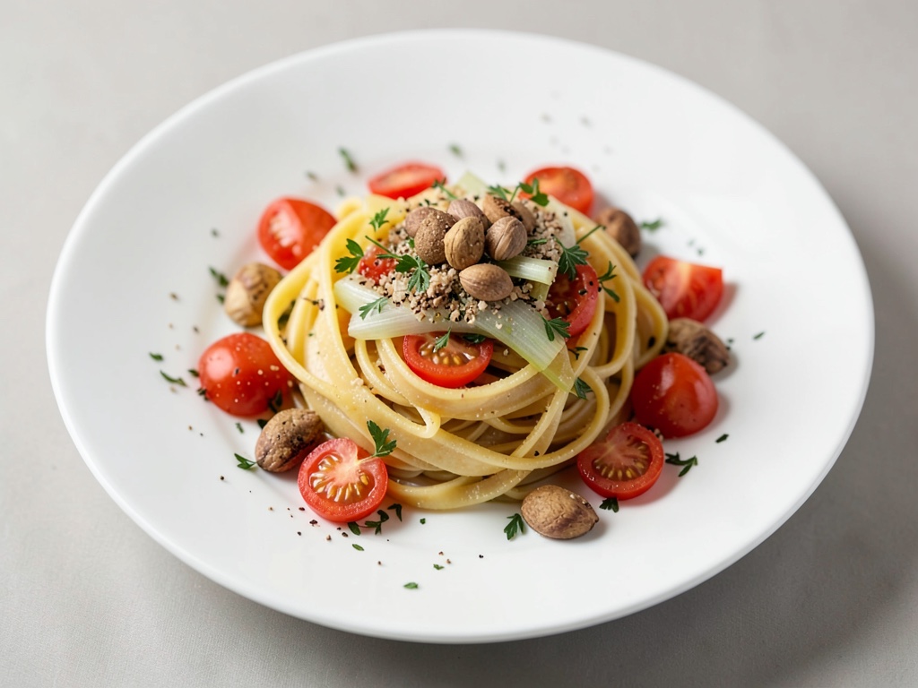 Nudeln mit Tomaten, Lauch und gerösteten Haselnüssen