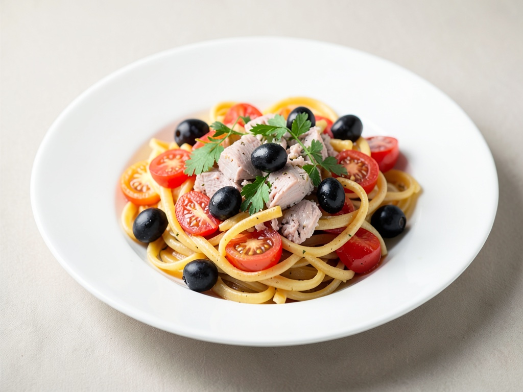 Nudeln mit Tomaten, Oliven und Thunfisch