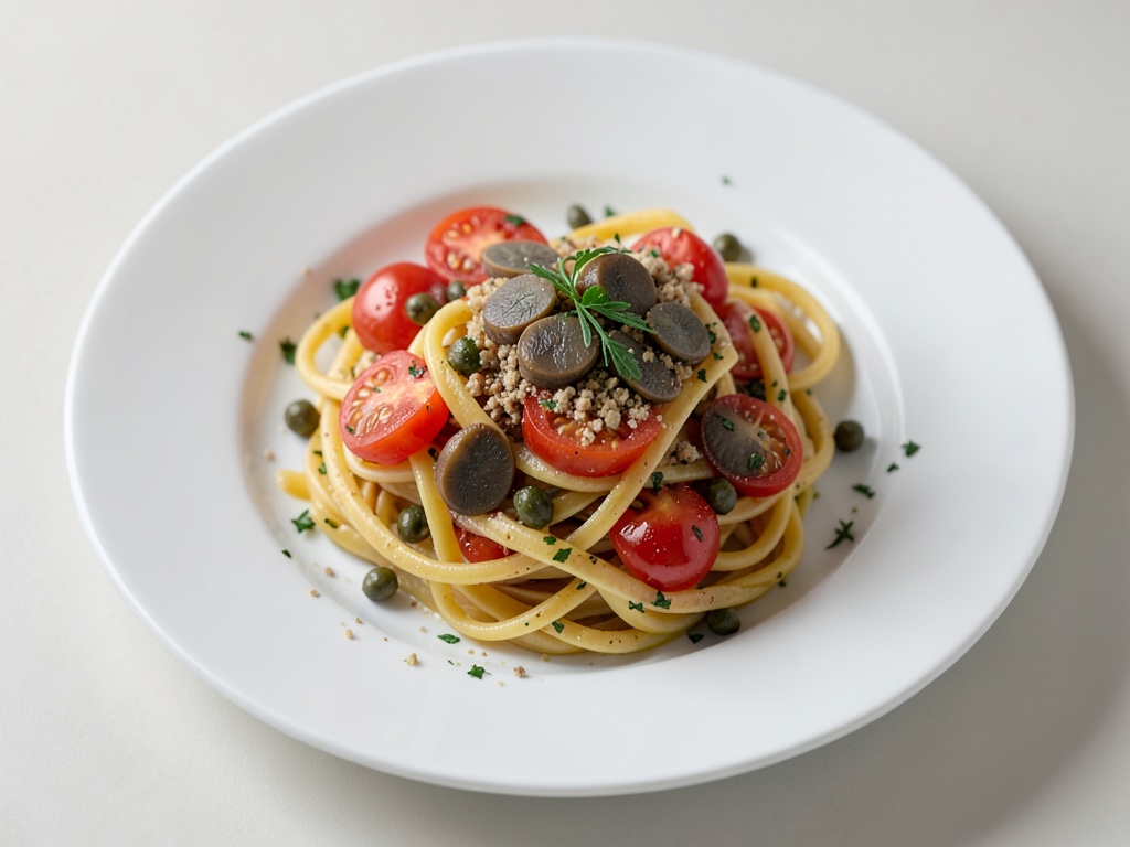 Nudeln mit Tomaten, Sardellen und Kapern