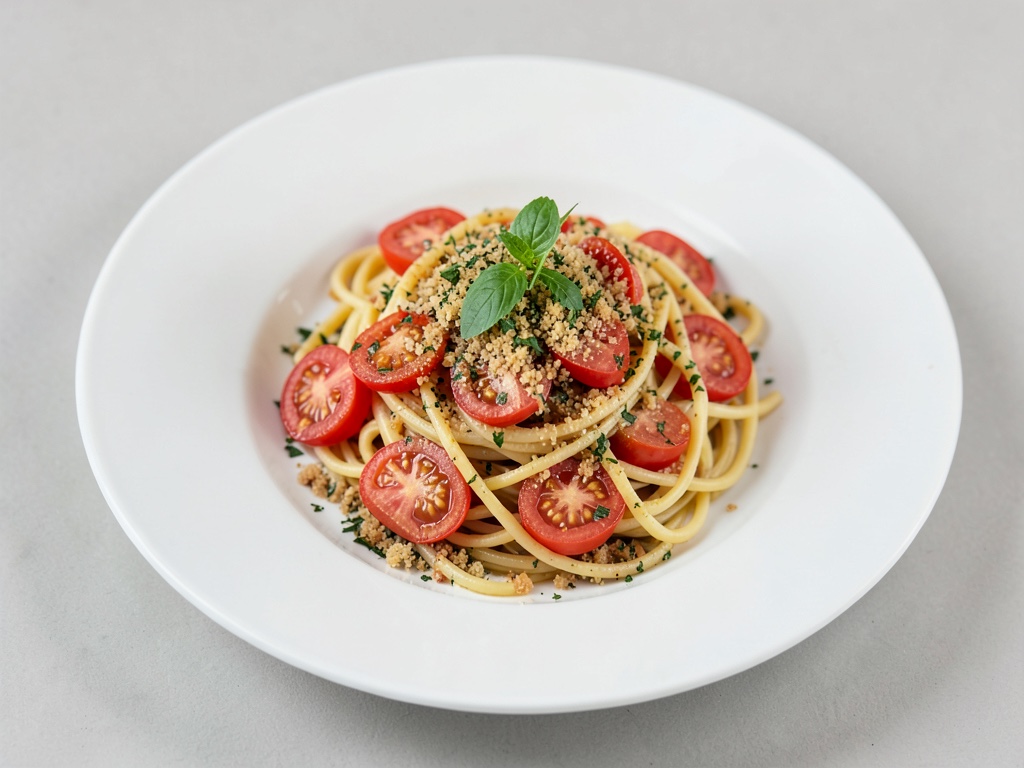 Spaghetti mit frischen Tomaten und knusprigen Kräuterbröseln