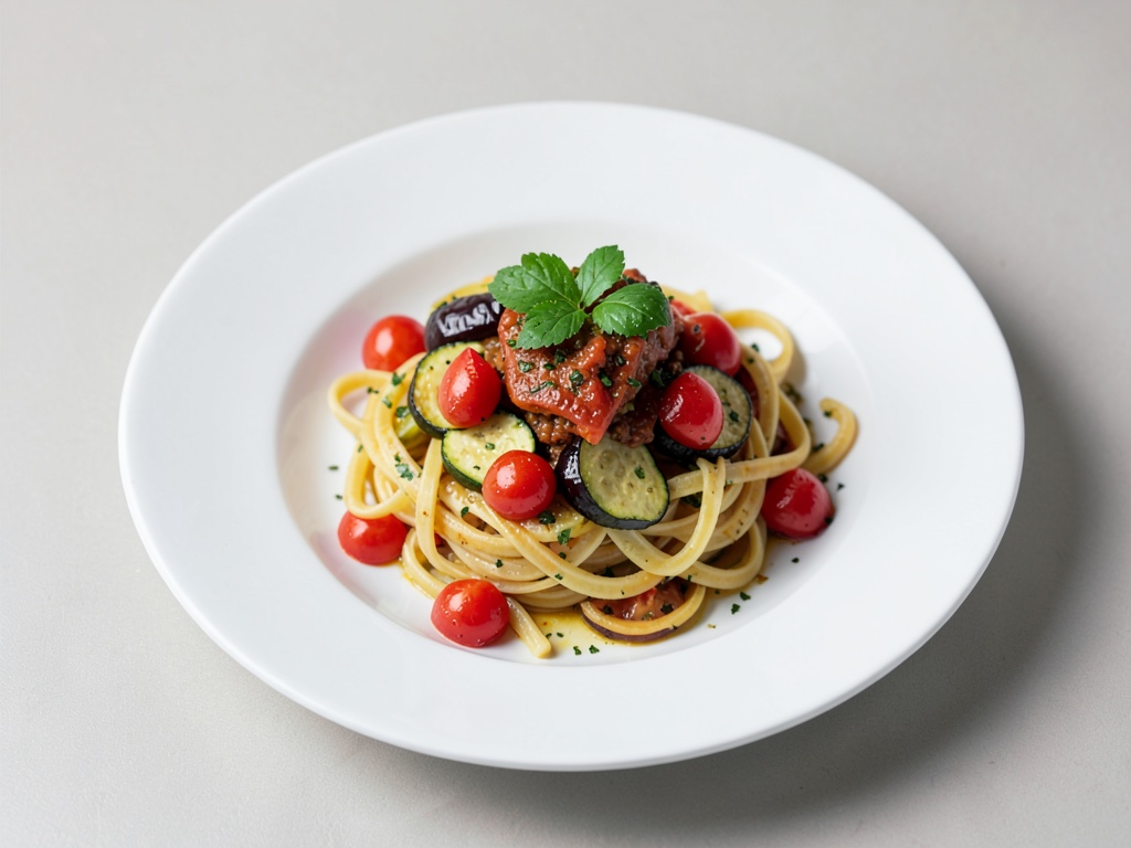 Nudeln mit Tomaten, Zucchini und Auberginen