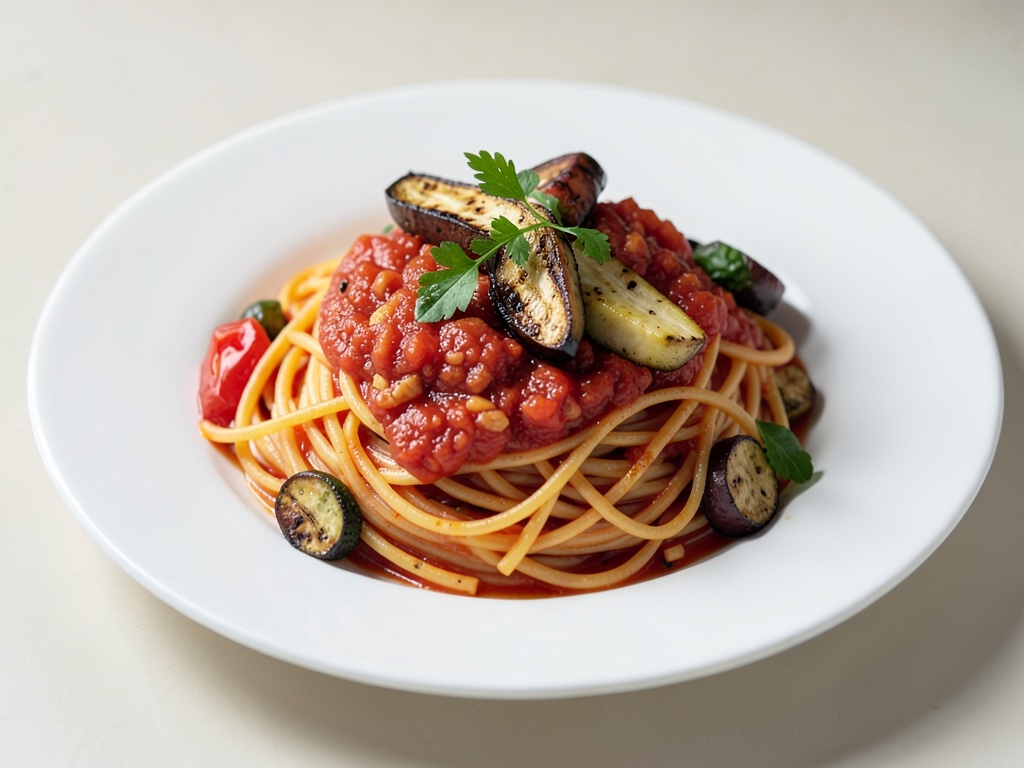 Spaghetti mit frischer Tomatensoße und Grillgemüse