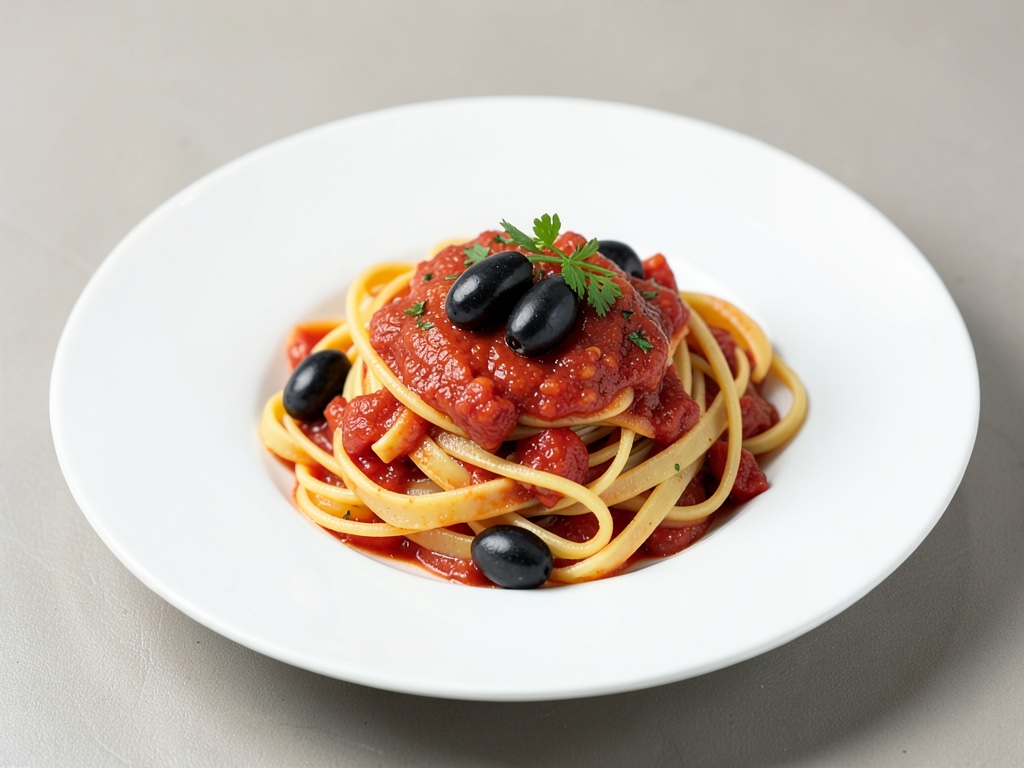 Nudeln mit Tomatensoße und großen Oliven