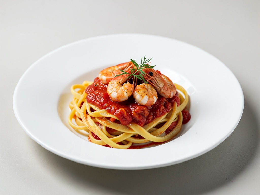 Nudeln mit frischer Tomatensoße und Garnelen