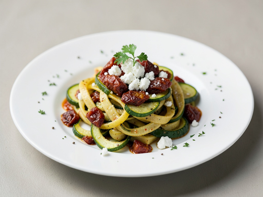 Zucchini-Pasta mit Feta und sonnengetrockneten Tomaten