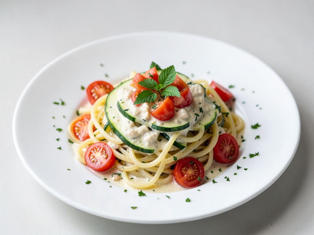 Linguine mit Zucchini, Tomaten und Zitronen-Ricotta-Cremesauce