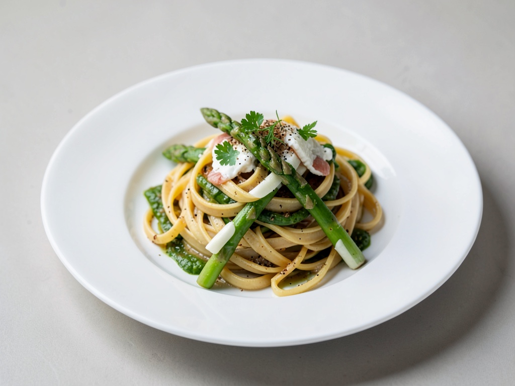 Bandnudeln mit grünem und weißem Spargel