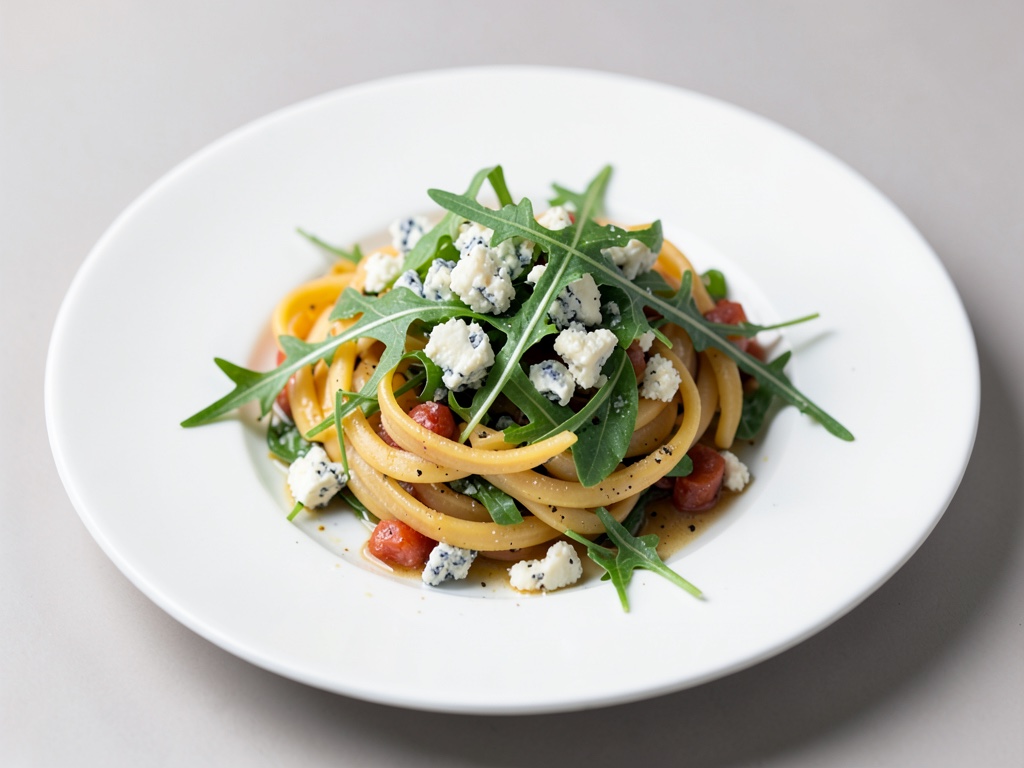 Nudelsalat mit Blauschimmelkäse und Rucola