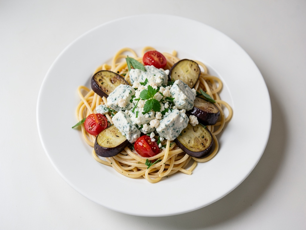 Bandnudeln-Salat mit Gorgonzola und gebratenen Auberginen