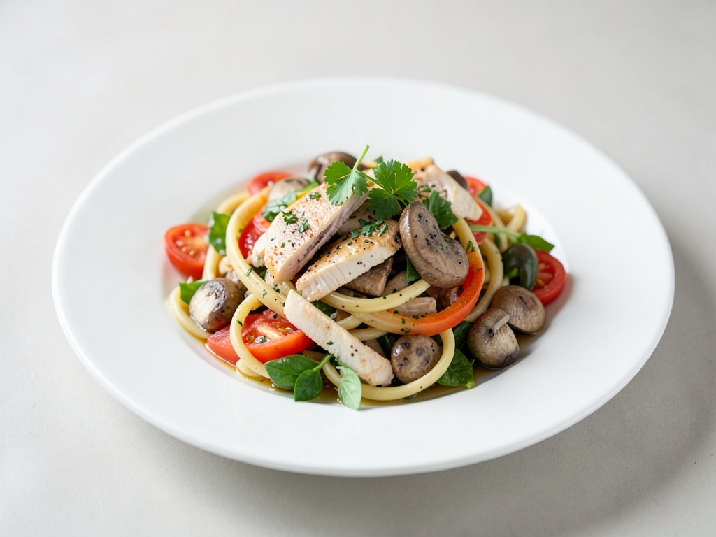 Warmer Nudelsalat mit Hühnchen, Pilzen und frischem Gemüse