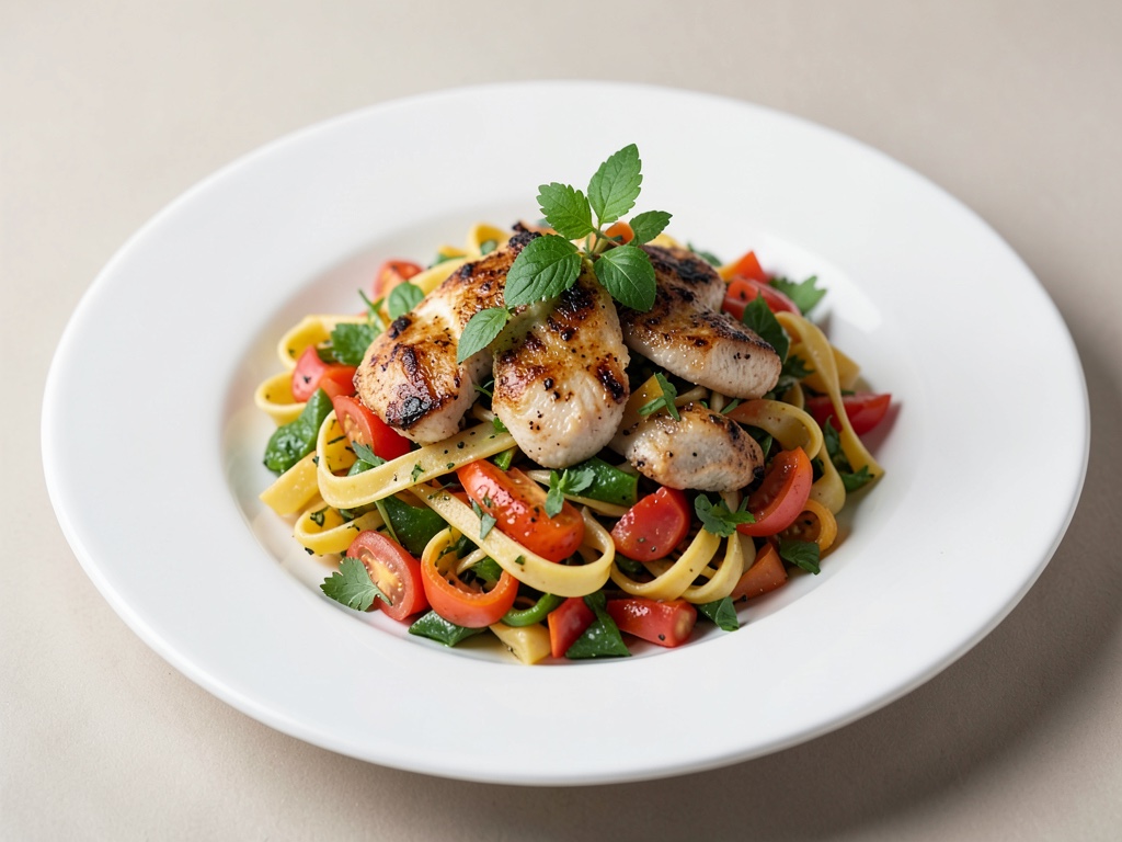 Bunter Nudelsalat mit gegrilltem Hähnchen und frischen Kräutern