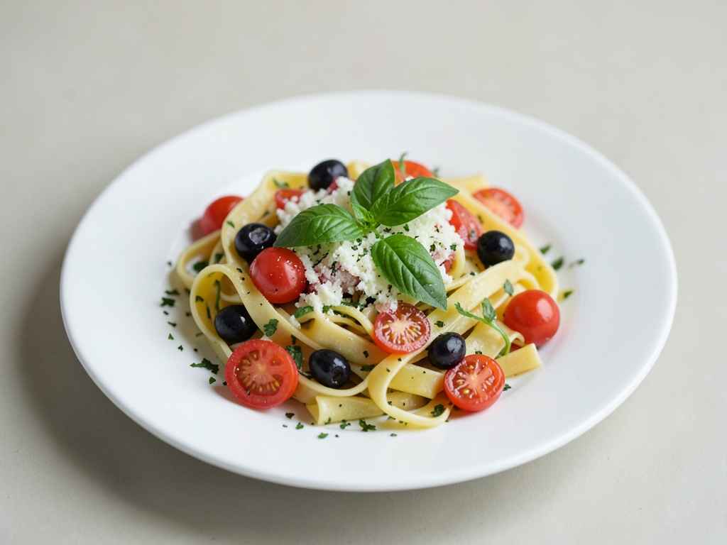Frischer Nudelsalat mit Tomaten, Oliven und Basilikum