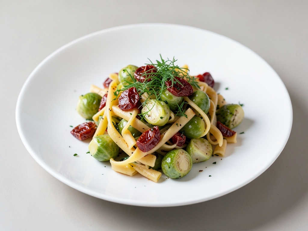 Nudelsalat mit Rosenkohl, sonnengetrockneten Tomaten und Kresse
